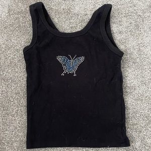 Black Butterfly Rhinestone Cropped Tank